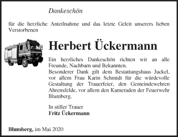 Traueranzeige von Herbert Ückermann von Märkische Oderzeitung