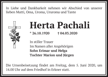 Traueranzeige von Herta Pachali von Märkische Oderzeitung