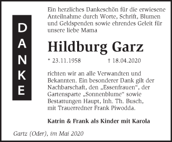 Traueranzeige von Hildburg Garz von Märkische Oderzeitung