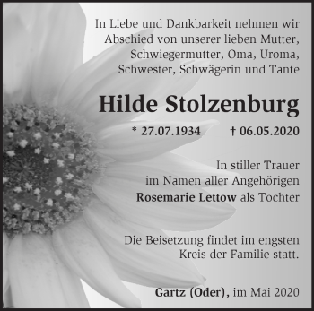 Traueranzeige von Hilde Stolzenburg von Märkische Oderzeitung