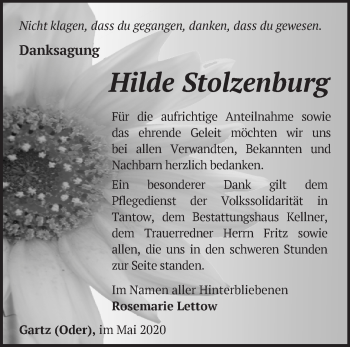 Traueranzeige von Hilde Stolzenburg von Märkische Oderzeitung