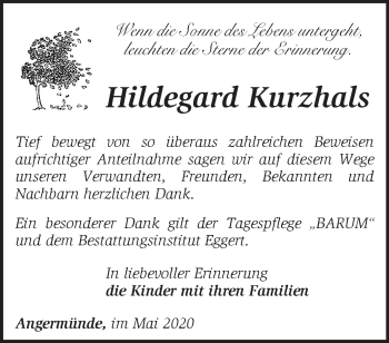 Traueranzeige von Hildegard Kurzhals von Märkische Oderzeitung