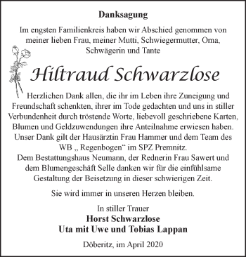 Traueranzeige von Hiltraud Schwarzlose von Märkische Oderzeitung