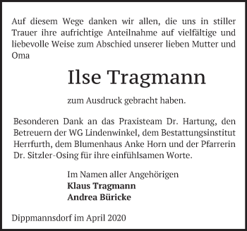 Traueranzeige von Ilse Tragmann von Märkische Oderzeitung