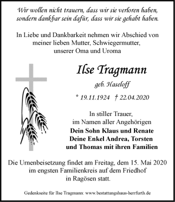 Traueranzeige von Ilse Tragmann von Märkische Oderzeitung