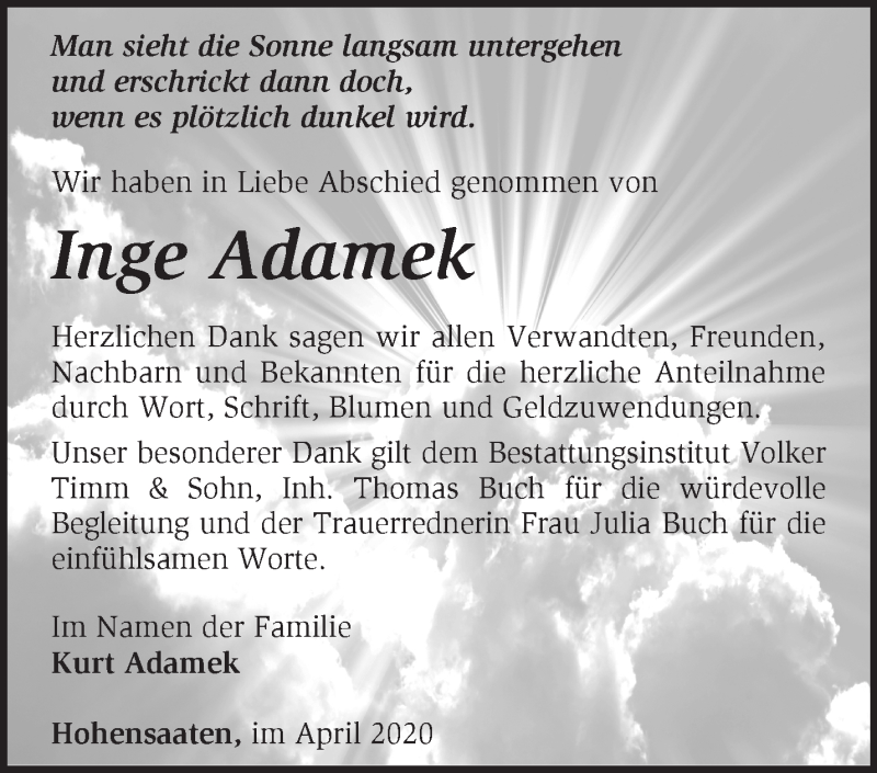 Traueranzeige für Inge Adamek vom 03.05.2020 aus Märkische Oderzeitung