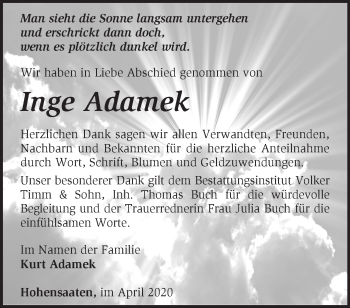 Traueranzeige von Inge Adamek von Märkische Oderzeitung