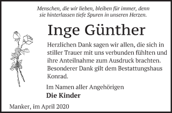 Traueranzeige von Inge Günther von Märkische Oderzeitung