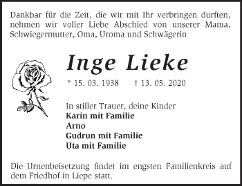 Traueranzeige von Inge Lieke von Märkische Oderzeitung