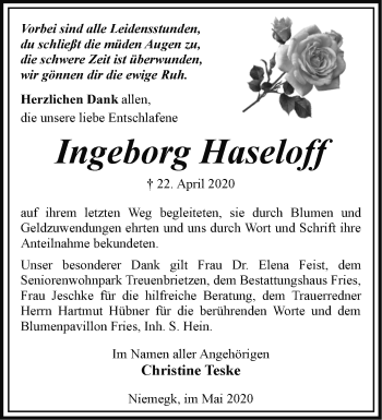 Traueranzeige von Ingeborg Haseloff von Märkische Oderzeitung