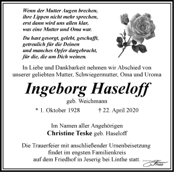 Traueranzeige von Ingeborg Haseloff von Märkische Oderzeitung