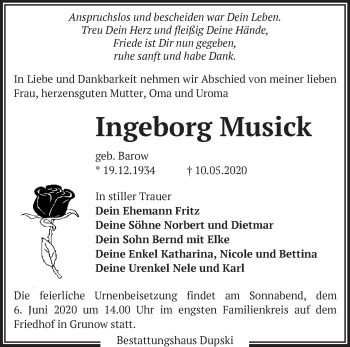 Traueranzeige von Ingeborg Musick von Märkische Oderzeitung