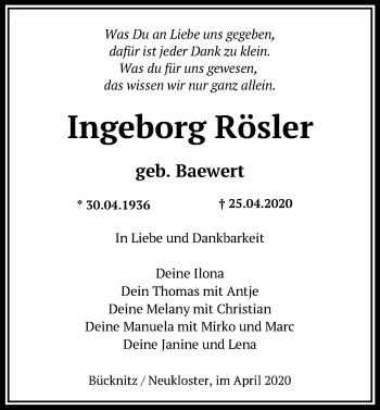 Traueranzeige von Ingeborg Rösler von Märkische Oderzeitung