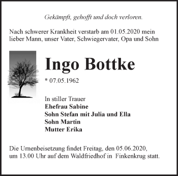 Traueranzeige von Ingo Bottke von Märkische Oderzeitung