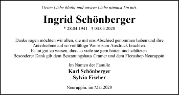 Traueranzeige von Ingrid Schönberger von Märkische Oderzeitung