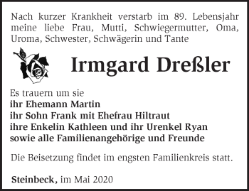 Traueranzeige von Irmgard Dreßler von Märkische Oderzeitung