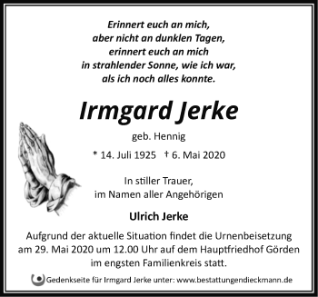 Traueranzeige von Irmgard Jerke von Märkische Oderzeitung