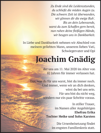 Traueranzeige von Joachim Gnädig von Märkische Oderzeitung