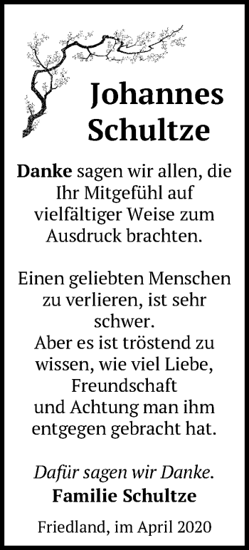 Traueranzeige von Johannes Schultze von Märkische Oderzeitung