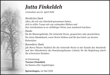 Traueranzeige von Jutta Finkeldeh von Märkische Oderzeitung