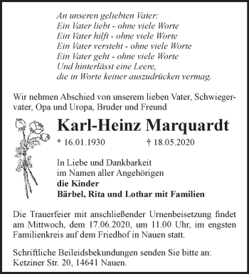 Traueranzeige von Karl-Heinz Marquardt von Märkische Oderzeitung