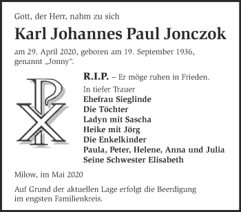 Traueranzeige von Karl Johannes Paul Jonczok von Märkische Oderzeitung