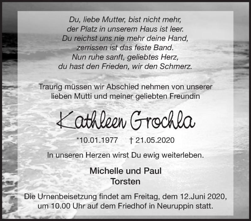  Traueranzeige für Kathleen Grochla vom 30.05.2020 aus Märkische Oderzeitung