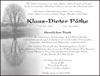 Traueranzeige von Klaus-Dieter Päthe von Märkische Oderzeitung