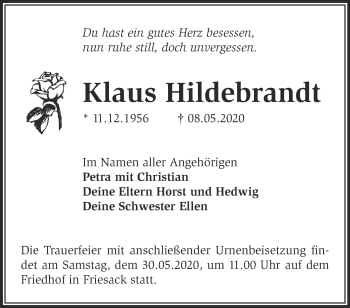 Traueranzeige von Klaus Hildebrandt von Märkische Oderzeitung