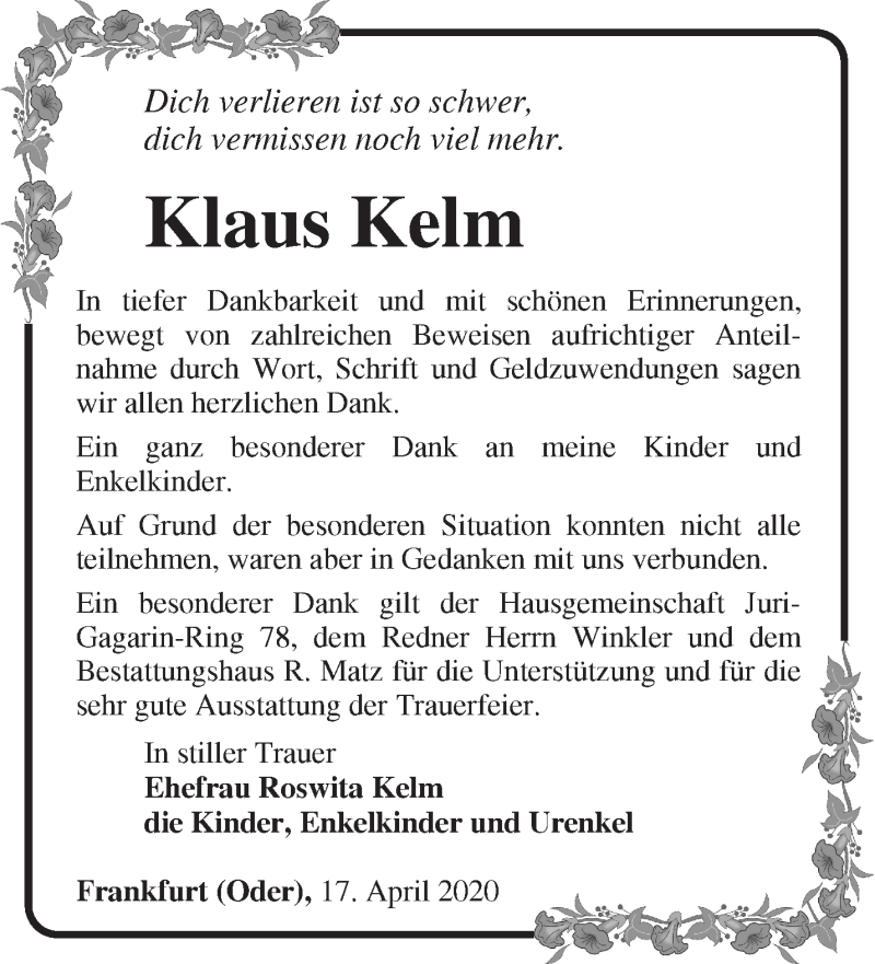  Traueranzeige für Klaus Kelm vom 09.05.2020 aus Märkische Oderzeitung