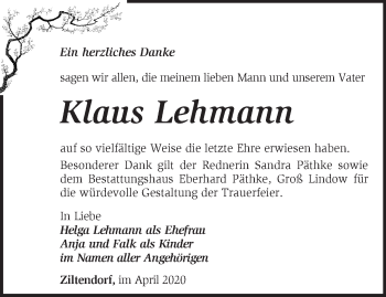 Traueranzeige von Klaus Lehmann von Märkische Oderzeitung