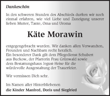 Traueranzeige von Käte Morawin von Märkische Oderzeitung