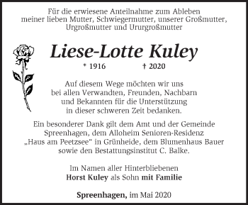 Traueranzeige von Liese-Lotte Kuley von Märkische Oderzeitung