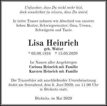 Traueranzeige von Lisa Heinrich von Märkische Oderzeitung