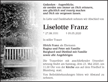 Traueranzeige von Liselotte Franz von Märkische Oderzeitung