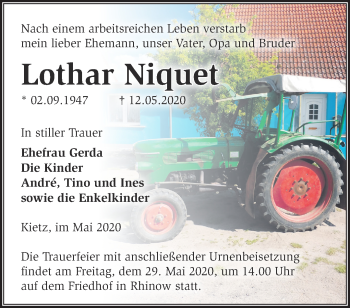 Traueranzeige von Lothar Niquet von Märkische Oderzeitung