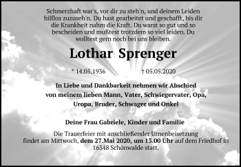 Traueranzeige von Lothar Sprenger von Märkische Oderzeitung