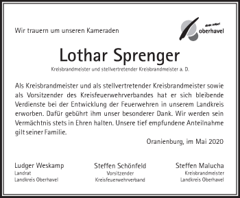 Traueranzeige von Lothar Sprenger von Märkische Oderzeitung