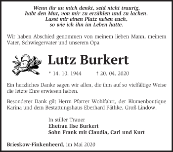 Traueranzeige von Lutz Burkert von Märkische Oderzeitung