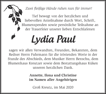 Traueranzeige von Lydia Paul von Märkische Oderzeitung