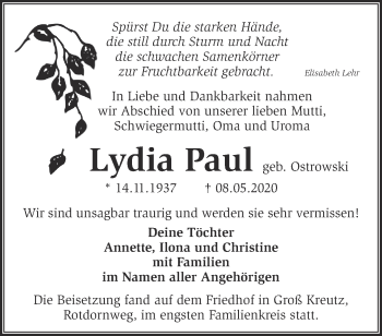 Traueranzeige von Lydia Paul von Märkische Oderzeitung