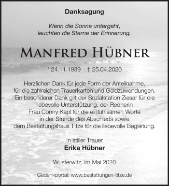 Traueranzeige von Manfred Hübner von Märkische Oderzeitung