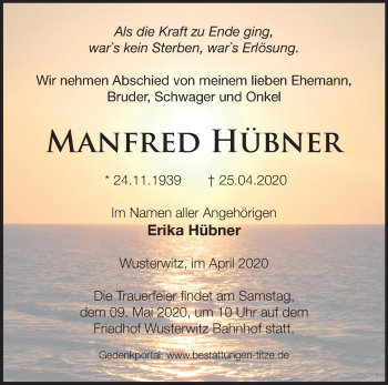 Traueranzeige von Manfred Hübner von Märkische Oderzeitung