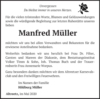 Traueranzeige von Manfred Müller von Märkische Oderzeitung