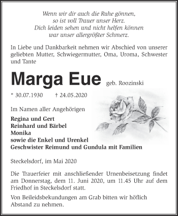 Traueranzeige von Marga Eue von Märkische Oderzeitung