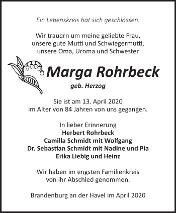 Traueranzeige von Marga Rohrbeck von Märkische Oderzeitung