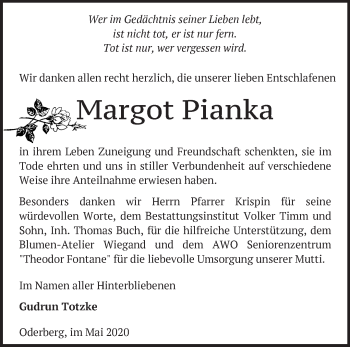 Traueranzeige von Margot Pianka von Märkische Oderzeitung