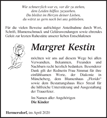 Traueranzeige von Margret Kestin von Märkische Oderzeitung