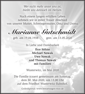 Traueranzeige von Marianne Gutschmidt von Märkische Oderzeitung