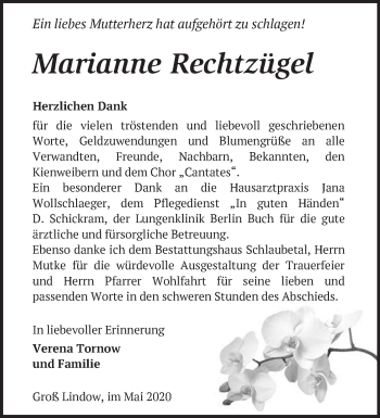 Traueranzeige von Marianne Rechtzügel von Märkische Oderzeitung